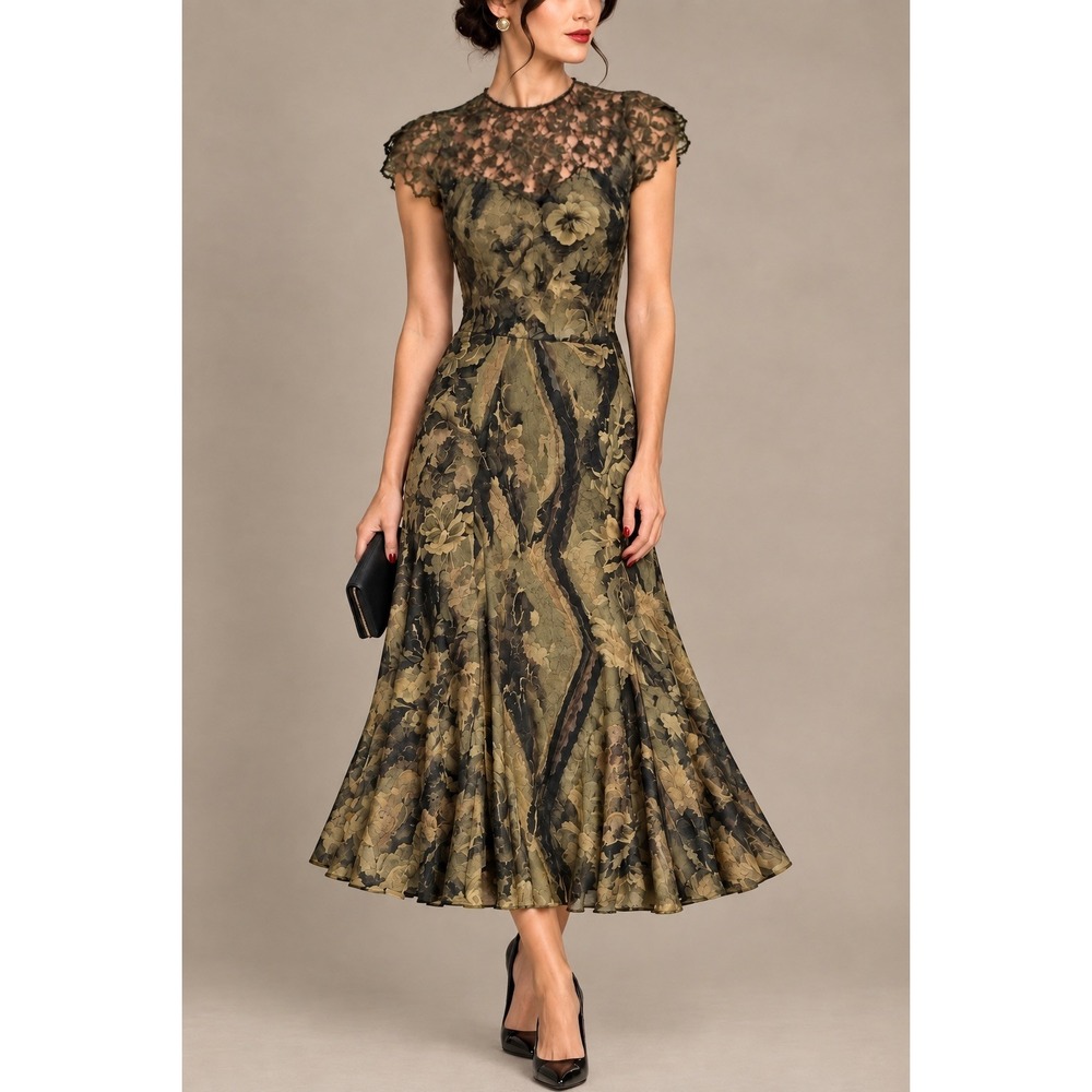 Carole Little Vintage 90s Black Gold Floral Lace Whimsygoth Romantic Dress 10